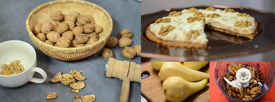 Walnuts cake with ricotta, mascarpone and pears.