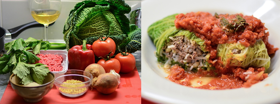 Cabbage rolls with beef and tomato sauce (pl. Gołąbki, fr. Chou farci)