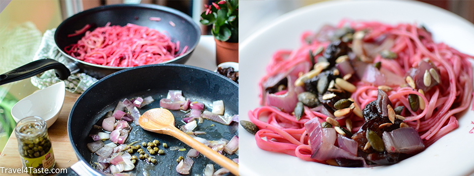 Pink Spaghetti with Red onion and Plums