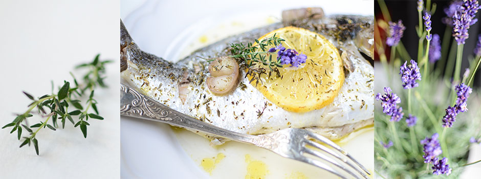 Gilt-head bream (fr. Daurade) baked with shallot, Wine & Lavender