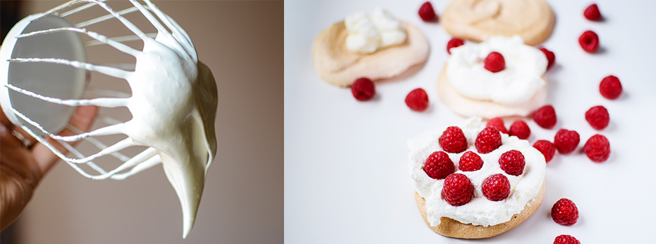 Meringues with homemade whipped cream and Raspberries