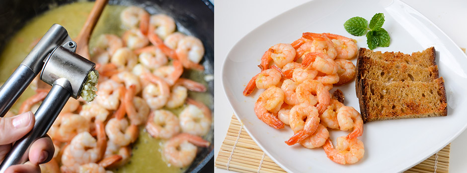 Shrimps in garlic & ginger butter with toasts