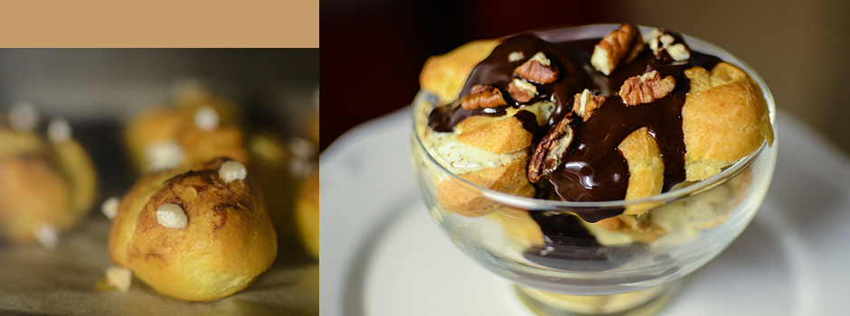 Chouquettes with pecans, ice-cream and chocolate