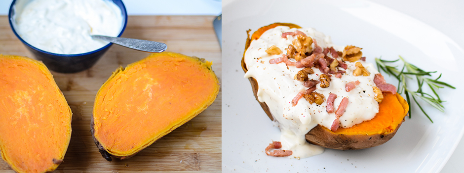 Steamed Sweet Potato with Cream Onions Bacon & Walnuts