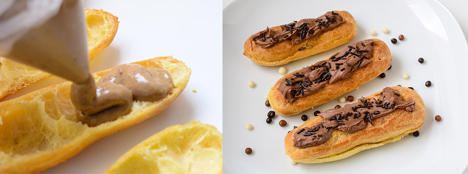 French éclairs with coffee pudding and chocolate
