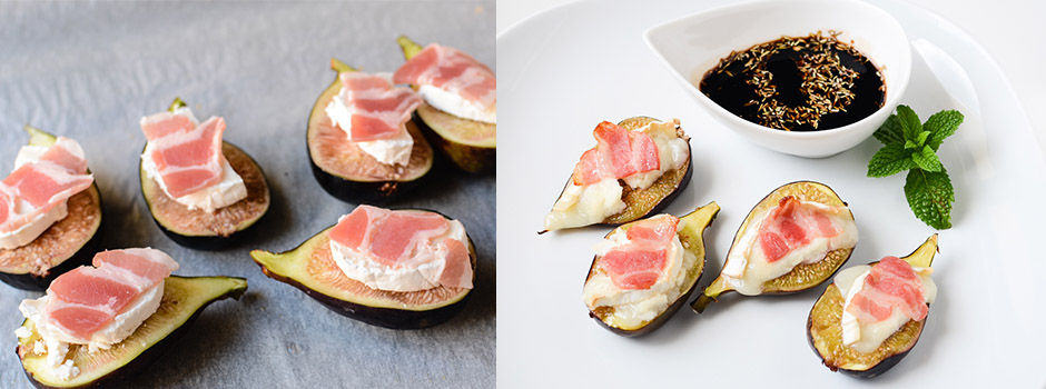Figs baked with Goat Cheese, Balsamic Vinegar, Honey & Bacon