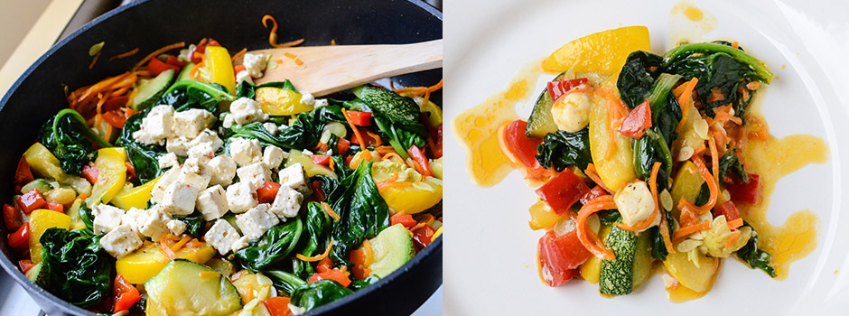 Colorful pan with Spinach, Zucchini & Feta Cheese