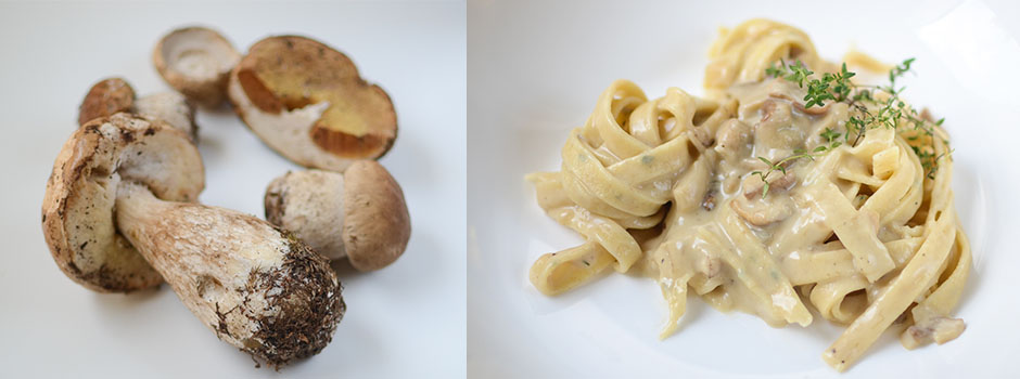 Homemade Thyme Pasta with Mushrooms & White Wine